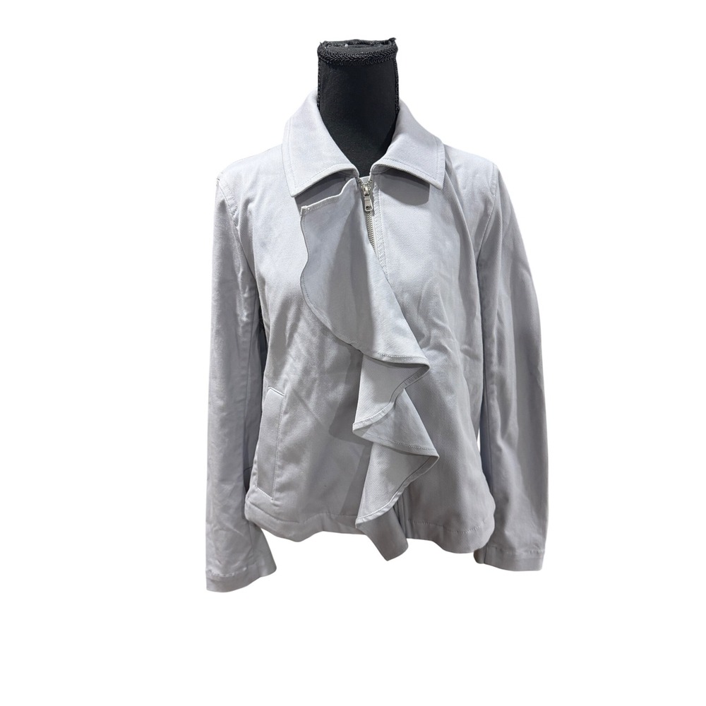 Banana Republic Womens Small Light Grey Ruffle Front Zip Cotton Twill Jacket